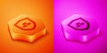 Isometric Gold bars with shield icon isolated on orange and pink background. Banking business concept. Hexagon button Royalty Free Stock Photo