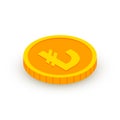 Isometric gold coin icon with Lira sign. 3d Cash, Turkey Lira currency, Game coin, banking or casino money symbol for