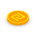 Isometric gold coin icon with Shekel sign. 3d Cash, Israeli Shekel currency, Game coin, banking or casino money symbol
