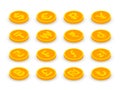 Isometric gold coins icons set with world currency signs. 3d Euro currency, dollar, pound, franc, ruble, yen, rupee Royalty Free Stock Photo