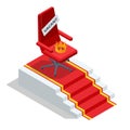 Isometric Golden Crown. Job recruiting advertisement, Job opportunity. Office chair and a sign vacant. Hiring and