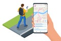 Isometric gps navigation concept. Tourist traveling using his smartphone with previously saved favorite places on map Royalty Free Stock Photo
