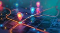Isometric GPS tracking map with multiple pins marking destinations. Abstract background for navigation and mapping