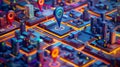 Isometric GPS tracking map with a navigation pin in the center. Abstract street mapping background. Generative AI