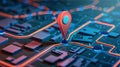 Isometric GPS tracking map with a red marker indicating a location on street maps. Digital abstract background