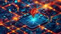 Isometric GPS tracking map with a red navigation marker pinpointed on a street map. Abstract digital art background