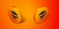 Isometric Graduation cap on globe icon isolated on orange background. World education symbol. Online learning or e