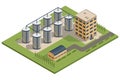 Isometric grain elevator, silos complex. Storage of grown harvest. Transrportation of agricultural products. Granary