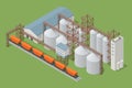 Isometric Grain elevator silos. Freight train being loaded with grain for transport. Transrportation of agricultural Royalty Free Stock Photo