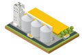 Isometric Grain elevator silos. Transrportation of agricultural products. Corn dryer silos, inland grain terminal. Grain