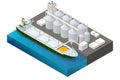 Isometric Grain terminal at seaport. Loading grain crops on bulk ship from large elevators. Transrportation of