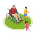 Isometric grandfather goes with grandchildren down the street. Happy family and childhood concept.