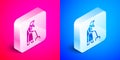 Isometric Grandmother icon isolated on pink and blue background. Silver square button. Vector