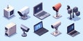 Isometric illustration of various CCTV cameras and laptops showcasing security technology in a modern digital style on a