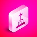 Isometric Grave with cross icon isolated on pink background. Silver square button. Vector