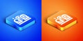 Isometric Grave with tombstone icon isolated on blue and orange background. Square button. Vector