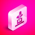 Isometric Grave with tombstone icon isolated on pink background. Silver square button. Vector