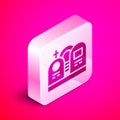 Isometric Grave with tombstone icon isolated on pink background. Silver square button. Vector