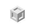 Isometric gray cube with inner openings, showcasing structure, depth, and design. Ideal for presentations on architecture,