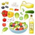 Isometric greek salad vector illustration, 3d cartoon healthy food menu ingredients, cooking vegetarian lunch set Royalty Free Stock Photo