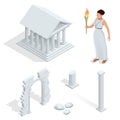 Isometric Greek temple, Greek goddess of beauty Aphrodite. Acropolis of Athens ancient monument in Greece. Flat cartoon