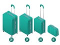 Isometric green business and family vacation travel luggage bag, handbag baggage modern. Set of suitcases and backpacks