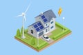 Isometric Green energy industry. Smart city with wind turbines, solar panels, tank containers and battery. Sustainable