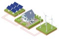 Isometric Green energy industry. Smart city with wind turbines, solar panels, tank containers and battery. Sustainable