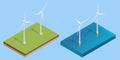 Isometric Green energy industry. Wind turbines generating electricity Sustainable renewable power. Wind Turbines Farm.