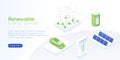 Isometric green energy landing page. Distribution alternative renewables electricity sun battery panel and windmill