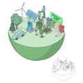 Isometric green friendly ecology concept on half circle vector illustration sketch doodle hand drawn with black lines isolated on