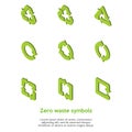 Isometric green zero waste symbols set on the white background. Reuse, renew, compost food waste, concept. Recycle Royalty Free Stock Photo