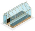 Isometric greenhouse with glass walls, foundations, gable roof, garden bed. Royalty Free Stock Photo