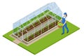 Isometric Greenhouse isolated on white. Growing seedlings in glasshouse. Plants crop in greenhouse