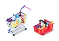 Isometric Grocery cart and basket