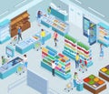 Isometric grocery market interior, supermarket showcase and checkout counter. Grocery store customers trolleys and goods Royalty Free Stock Photo