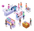 Isometric grocery store. 3d supermarket interior with shopping people customers and products. Retail vector set Royalty Free Stock Photo