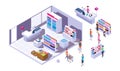 Isometric grocery store interior. Customers, stands with goods and cashier. Isolated buyers in supermarket vector
