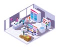 Isometric grocery store interior. Supermarket interior with shopping people and food on shelves and fridge. 3d vector