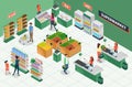 Isometric grocery store. Supermarket interior with furniture, customers, cashier. People buying groceries, shopping mall