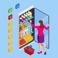 Isometric Grocery Supermarket, Food and Eats Online Buying and Delivery. E-commerce concept order food online website