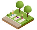 Isometric group of adults attending a yoga class outside in park. Healthy life concept. Royalty Free Stock Photo