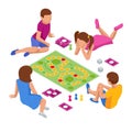 Isometric group of creative friends sitting on the carpet. Children having fun while playing a board game.