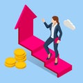 Isometric Growth Opportunity and Success Stair. Business woman standing on red arrow up go to success in career