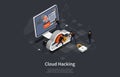 Isometric hacker activity concept. Infographic template with cloud computer servers hacking cyber thief online. Vector