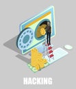 Isometric hacker, cyber thief stealing money from computer, vector illustration. Web hacking attack. Royalty Free Stock Photo