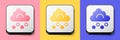 Isometric Hail cloud icon isolated on pink, yellow and blue background. Square button. Vector