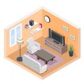 Isometric hall tv couch sofa bookshelf modern furniture room cutaway flat design isolated concept vector illustration