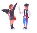 Isometric halloween party kids. Boy and girl wearing pirate and little bat carnival costumes. Halloween party masquerade