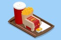 Isometric Hamburger meal served with french fries and soda on a tray. Fast food. Big single cheeseburger. Royalty Free Stock Photo